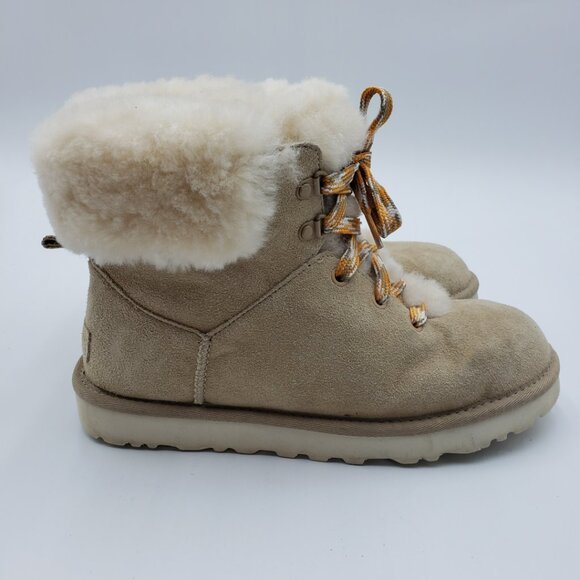 UGG Mini Alpine Boots 8 Womens Lace Up Suede Shearling Bootie Tan - Picture 2 of 9